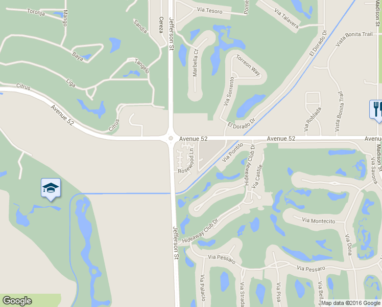 map of restaurants, bars, coffee shops, grocery stores, and more near 52149 Rosewood Lane in La Quinta