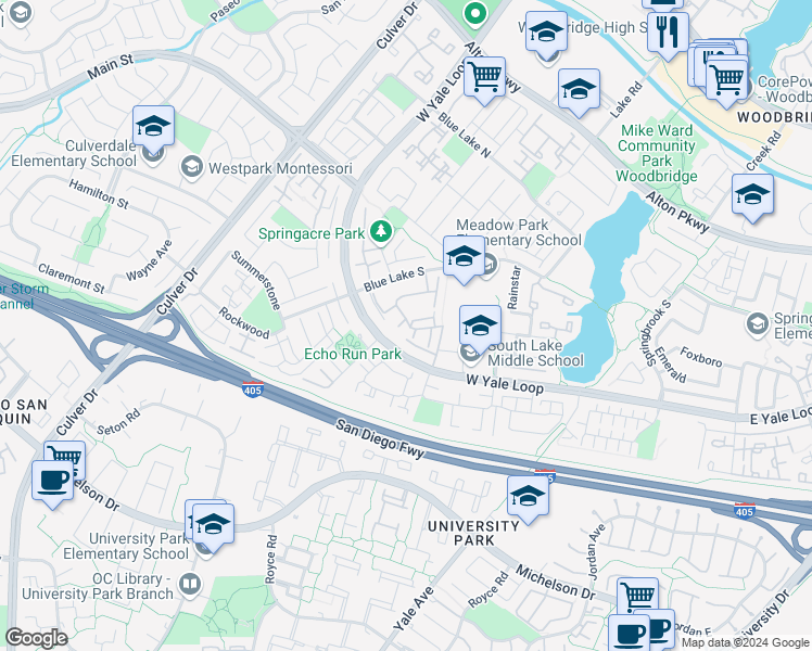 map of restaurants, bars, coffee shops, grocery stores, and more near 46 Greenbough in Irvine
