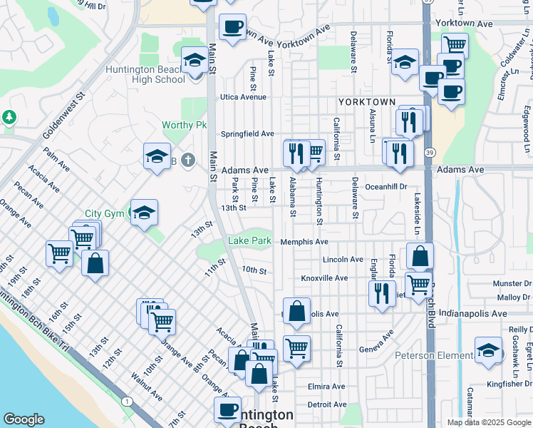 map of restaurants, bars, coffee shops, grocery stores, and more near 1108 Pine Street in Huntington Beach
