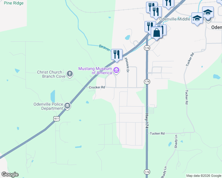 map of restaurants, bars, coffee shops, grocery stores, and more near 303 Crocker Road in Odenville