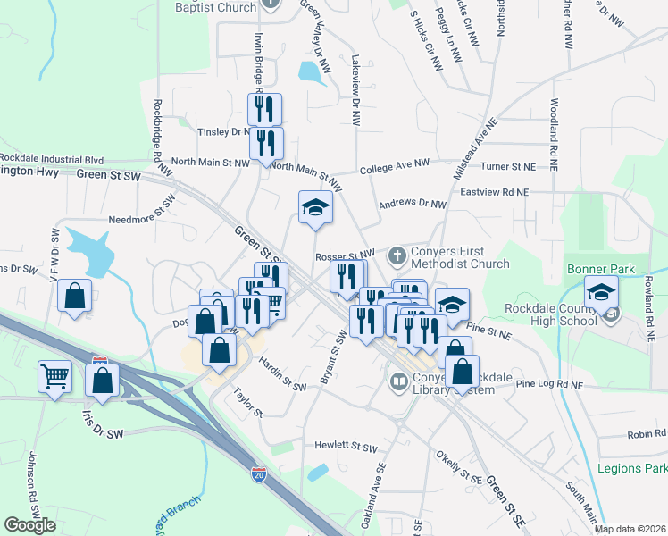 map of restaurants, bars, coffee shops, grocery stores, and more near 1019 Almand Street Northwest in Conyers