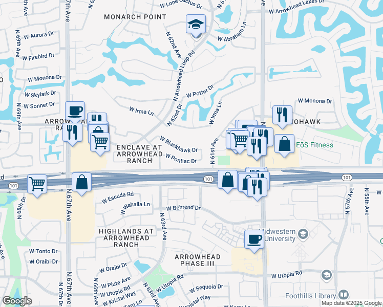map of restaurants, bars, coffee shops, grocery stores, and more near 6168 West Blackhawk Drive in Glendale