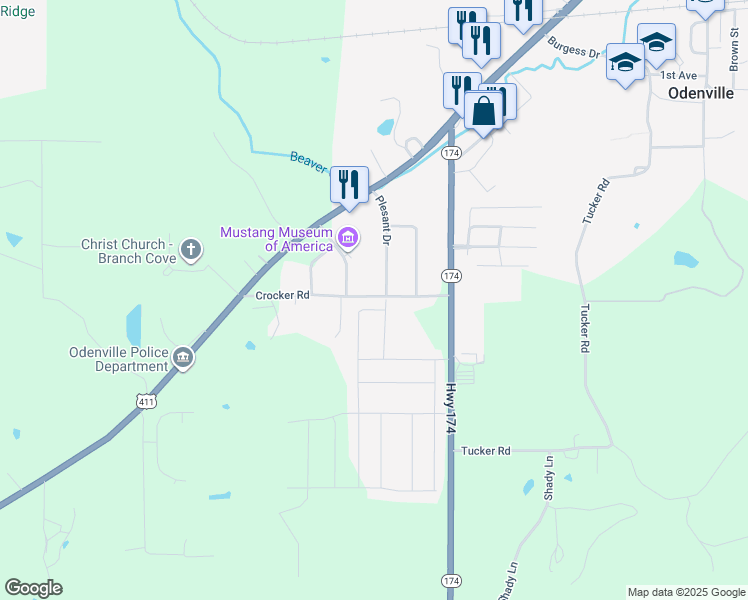 map of restaurants, bars, coffee shops, grocery stores, and more near 423 Crocker Road in Odenville