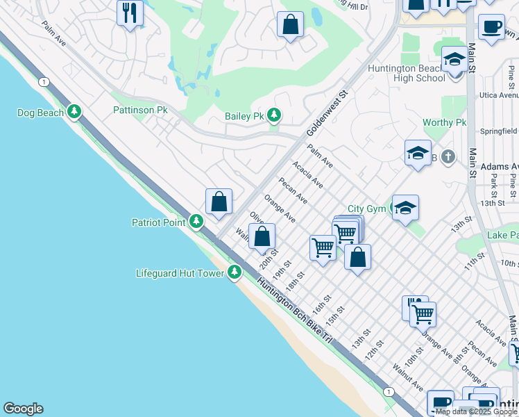 map of restaurants, bars, coffee shops, grocery stores, and more near 311 22nd Street in Huntington Beach