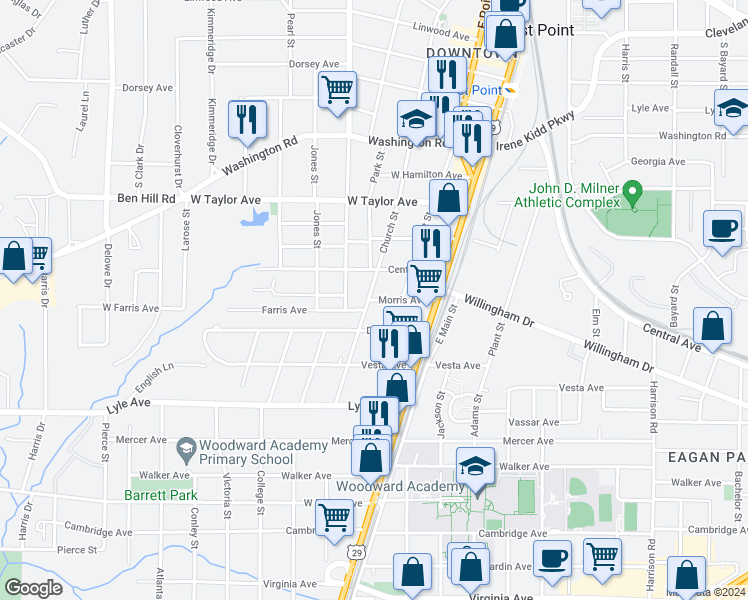 map of restaurants, bars, coffee shops, grocery stores, and more near 3136 Semmes Street in East Point