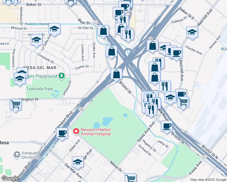 map of restaurants, bars, coffee shops, grocery stores, and more near 121 The Masters Circle in Costa Mesa