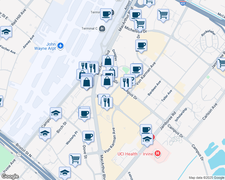 map of restaurants, bars, coffee shops, grocery stores, and more near 4675 Macarthur Court in Newport Beach