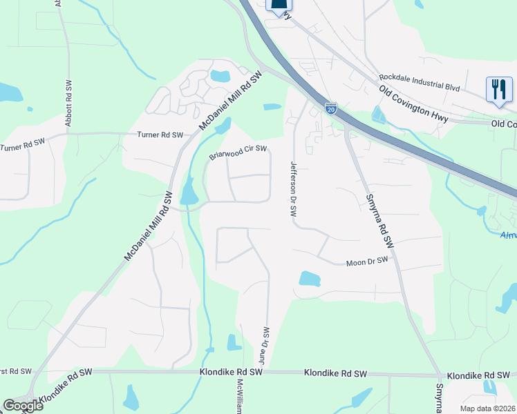 map of restaurants, bars, coffee shops, grocery stores, and more near 2305 Briarwood Circle Southwest in Conyers
