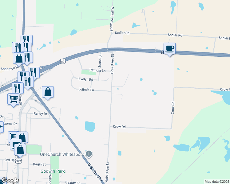 map of restaurants, bars, coffee shops, grocery stores, and more near 934 Bois D Arc Street in Whitesboro