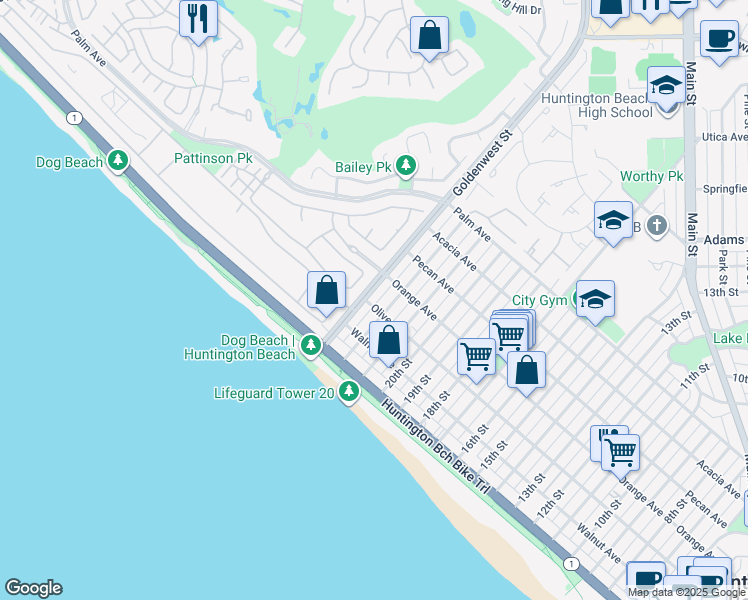map of restaurants, bars, coffee shops, grocery stores, and more near 304 Goldenwest Street in Huntington Beach