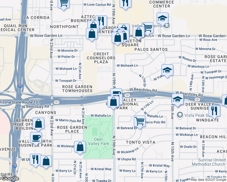 map of restaurants, bars, coffee shops, grocery stores, and more near N 19th Ave & W Beardsley Rd in Phoenix