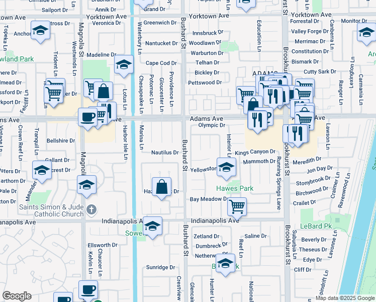 map of restaurants, bars, coffee shops, grocery stores, and more near 20151 Big Bend Lane in Huntington Beach