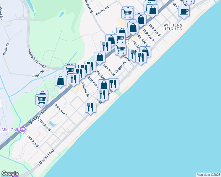 map of restaurants, bars, coffee shops, grocery stores, and more near 2000 South Ocean Boulevard in Myrtle Beach