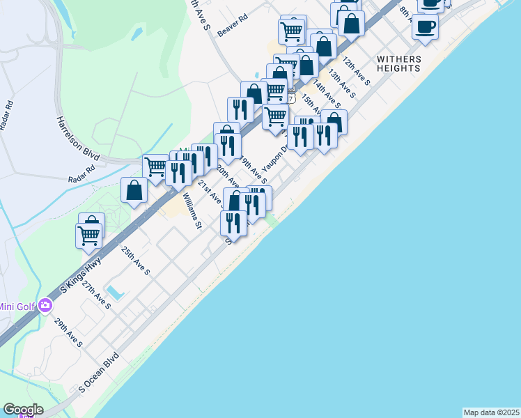 map of restaurants, bars, coffee shops, grocery stores, and more near S Ocean Blvd & 20th Ave S in Myrtle Beach