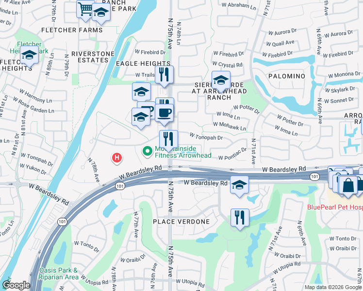 map of restaurants, bars, coffee shops, grocery stores, and more near 20387 North 74th Lane in Glendale
