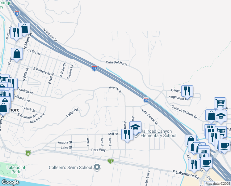map of restaurants, bars, coffee shops, grocery stores, and more near Avenue 6 in Lake Elsinore