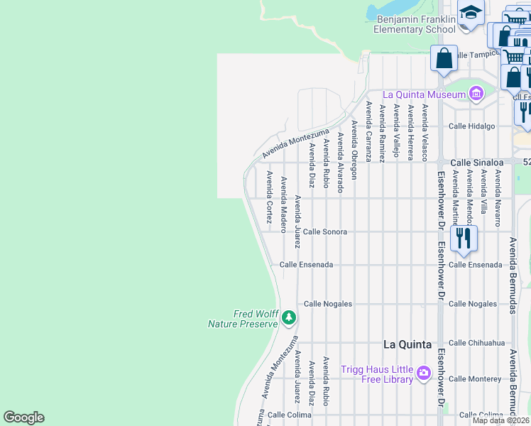 map of restaurants, bars, coffee shops, grocery stores, and more near 52085 Avenue Cortez in La Quinta