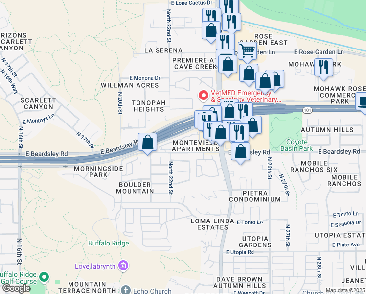 map of restaurants, bars, coffee shops, grocery stores, and more near 2220 East Beardsley Road in Phoenix