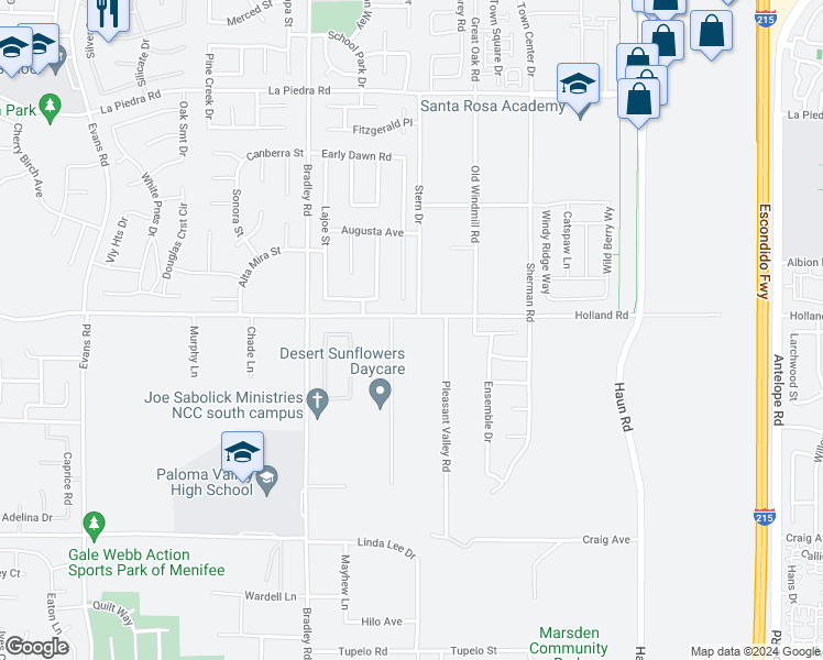 map of restaurants, bars, coffee shops, grocery stores, and more near 27247 Holland Road in Menifee