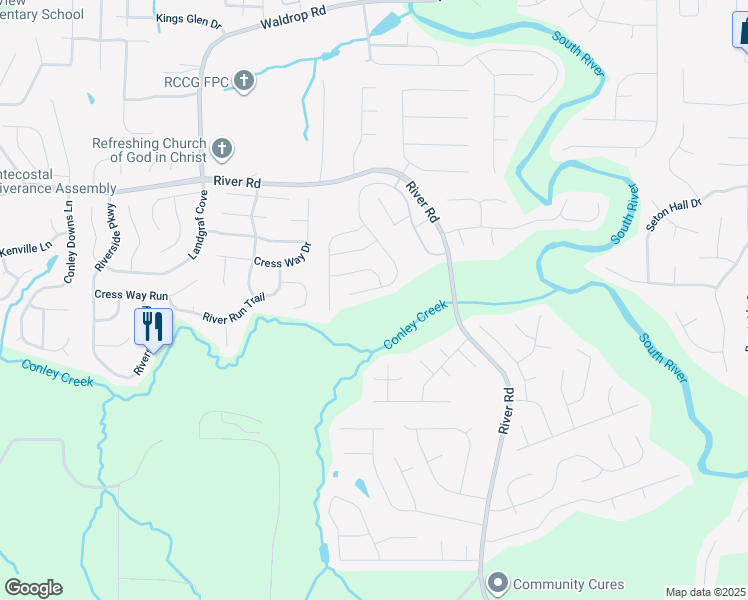 map of restaurants, bars, coffee shops, grocery stores, and more near 3535 River Road in Ellenwood