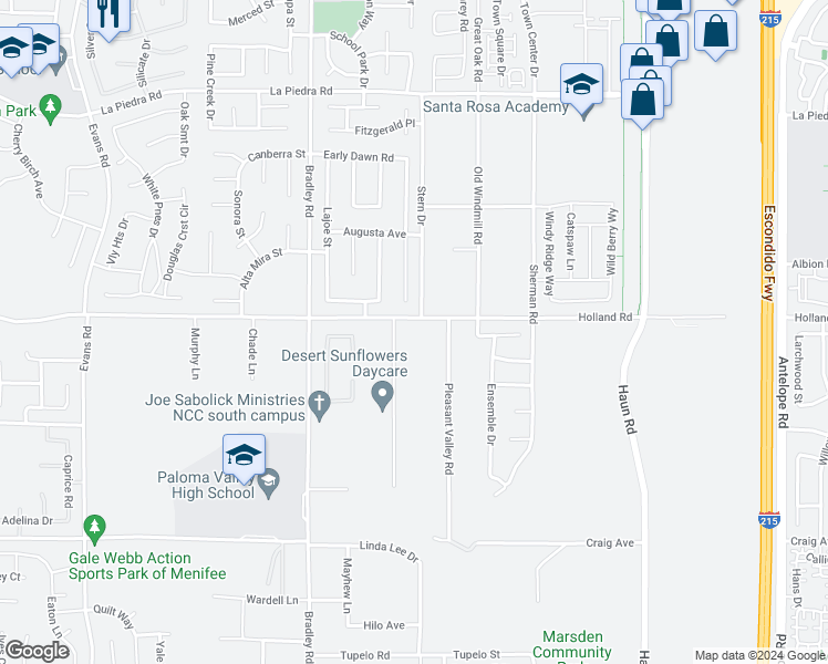 map of restaurants, bars, coffee shops, grocery stores, and more near 27247 Holland Road in Menifee