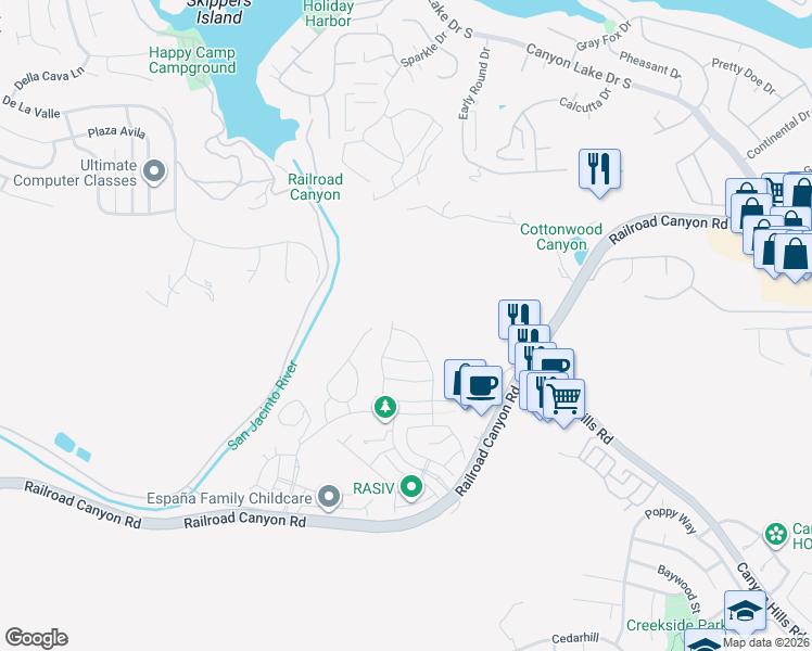 map of restaurants, bars, coffee shops, grocery stores, and more near 24542 Snapdragon Way in Lake Elsinore