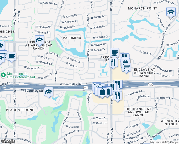 map of restaurants, bars, coffee shops, grocery stores, and more near 20312 North 69th Avenue in Glendale