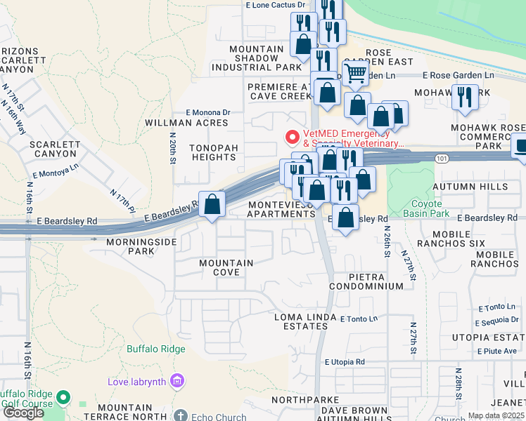 map of restaurants, bars, coffee shops, grocery stores, and more near 2220 East Beardsley Road in Phoenix