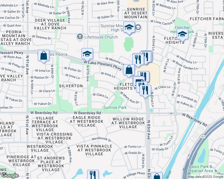 map of restaurants, bars, coffee shops, grocery stores, and more near 8561 West Mohawk Lane in Peoria