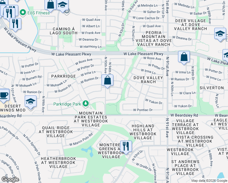 map of restaurants, bars, coffee shops, grocery stores, and more near 9457 West Mary Ann Drive in Peoria