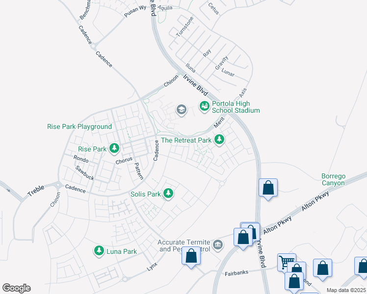 map of restaurants, bars, coffee shops, grocery stores, and more near C Street in Irvine