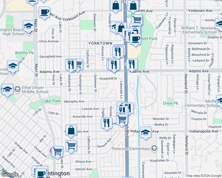 map of restaurants, bars, coffee shops, grocery stores, and more near 1504 Backbay Circle in Huntington Beach
