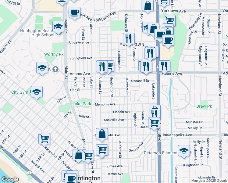 map of restaurants, bars, coffee shops, grocery stores, and more near 331 Oswego Avenue in Huntington Beach