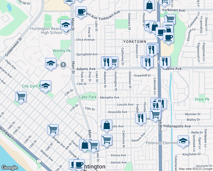 map of restaurants, bars, coffee shops, grocery stores, and more near 215 Oswego Avenue in Huntington Beach