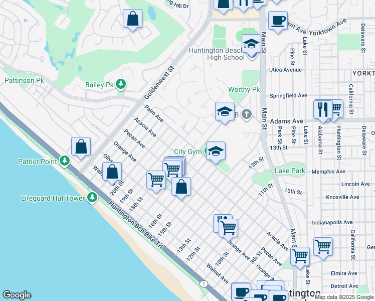 map of restaurants, bars, coffee shops, grocery stores, and more near 628 18th Street in Huntington Beach