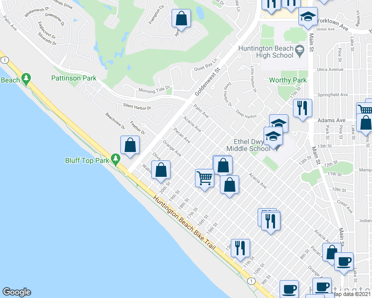 map of restaurants, bars, coffee shops, grocery stores, and more near 425 21st Street in Huntington Beach