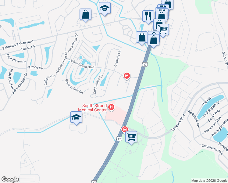 map of restaurants, bars, coffee shops, grocery stores, and more near 143 Cold Water Circle in Myrtle Beach