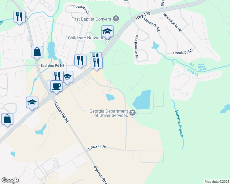 map of restaurants, bars, coffee shops, grocery stores, and more near 2141 Eastview Parkway Northeast in Conyers