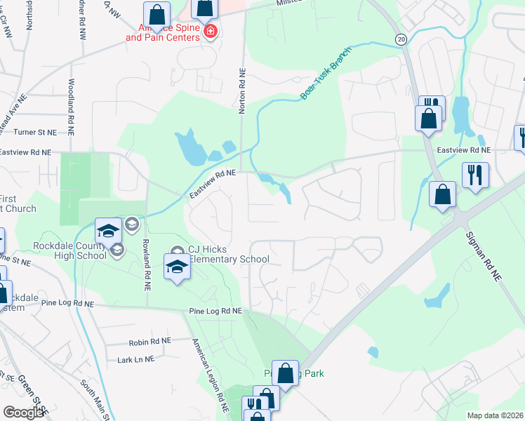 map of restaurants, bars, coffee shops, grocery stores, and more near 1504 Melody Ridge Court Northeast in Conyers