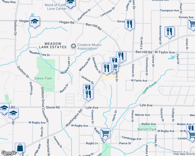 map of restaurants, bars, coffee shops, grocery stores, and more near 3135 Washington Road in East Point