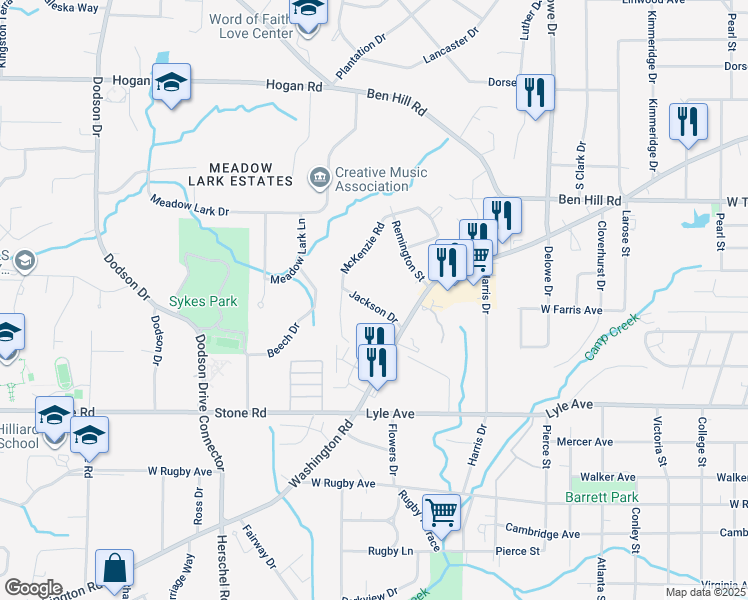 map of restaurants, bars, coffee shops, grocery stores, and more near 2341 Jackson Drive in East Point