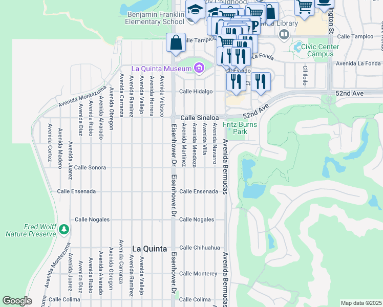 map of restaurants, bars, coffee shops, grocery stores, and more near 52095 Avenue Mendoza in La Quinta