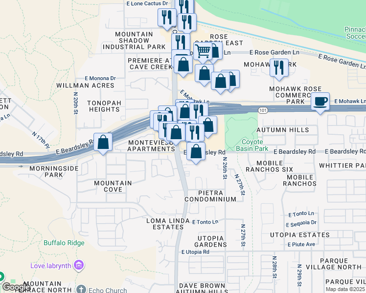 map of restaurants, bars, coffee shops, grocery stores, and more near 20215 North Cave Creek Road in Phoenix