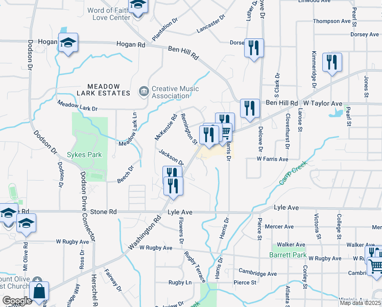 map of restaurants, bars, coffee shops, grocery stores, and more near 3135 Washington Road in East Point