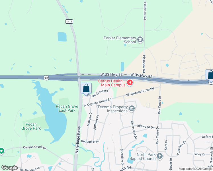 map of restaurants, bars, coffee shops, grocery stores, and more near 3410 Post Oak Crossing in Sherman