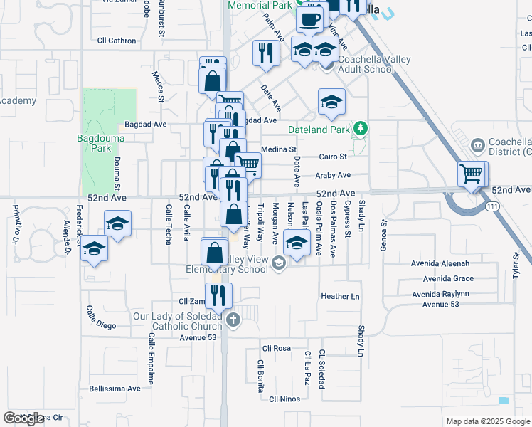 map of restaurants, bars, coffee shops, grocery stores, and more near 52192 Tripoli Way in Coachella