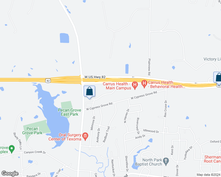map of restaurants, bars, coffee shops, grocery stores, and more near 3410 Post Oak Crossing in Sherman