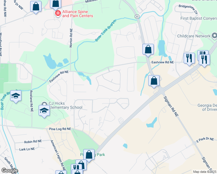 map of restaurants, bars, coffee shops, grocery stores, and more near 1491 Saint George Place in Conyers