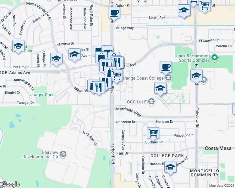 map of restaurants, bars, coffee shops, grocery stores, and more near 50 Peterson Place in Costa Mesa
