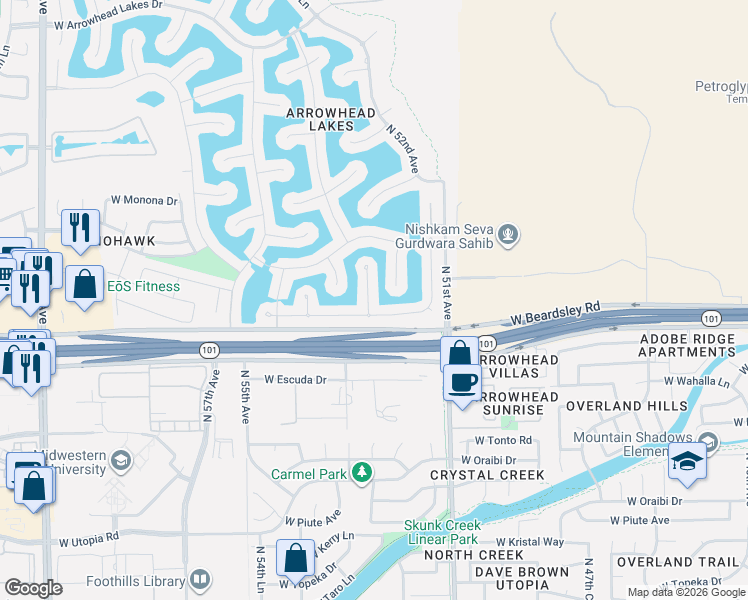 map of restaurants, bars, coffee shops, grocery stores, and more near 20272 North 52nd Drive in Glendale